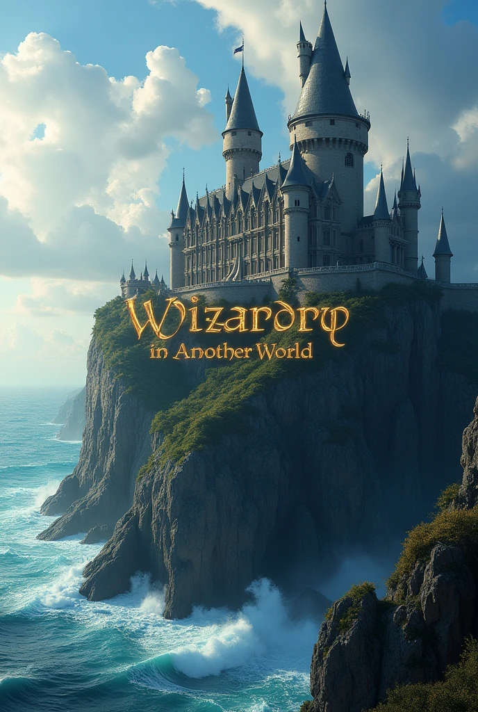 A majestic castle by the sea side on top of a cliff on the image the words *Wizadry in another world* written in gold
