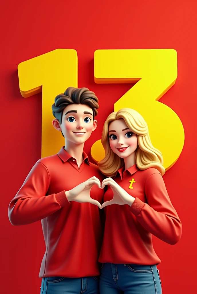 Create a mascot for WhatsApp profile pictures that will symbolize an I.In the colors red and yellow called 13zinho that symbolizes a person, a candidate for mayor. The image has to represent 2 young people, be it a man and a young blonde woman. With 13 behind the image, the blouse is red and the image behind the 13 is also red. Have 13 on the blouse and 13 behind so it is more visible. And the hands should come together and make the heart symbol.