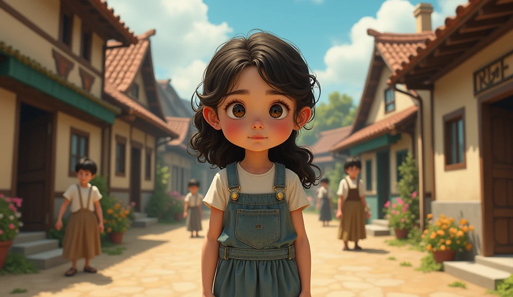 Image d’une jeune fille debout dans un village avec les long cheveux ondulés au tour d’elle d’autres enfants du visage occupé a leur tâche et la jeune fille est comme isolée
