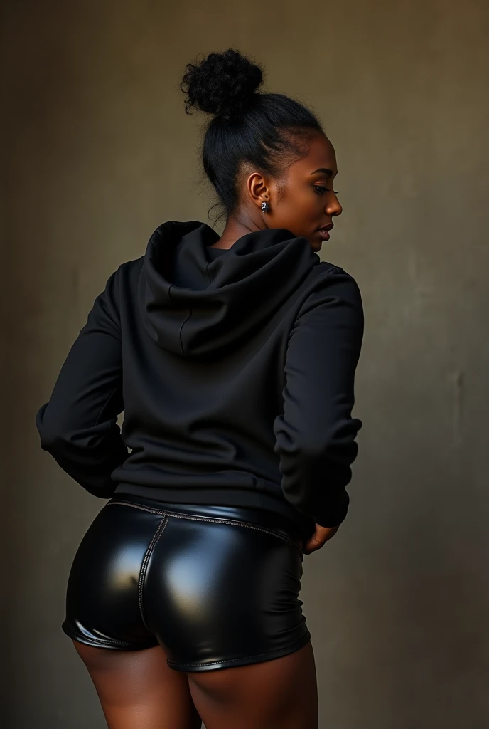 black woman hair in a bun black hoodie black leather short shorts bent over being humped in the butt by the ugly old woman in a dress sexual porn 4k