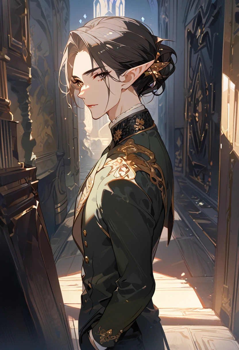 masterpiece, best quality, 8k ,4k , 1 male, elf, long ears elf, dark grayish hair, dark greenish eyes, hair ornament, finely detailed eyes and detailed face, looking at viewer, from side, meticulous clothes, formal clothes, combination of white and black coat, half cape by the shoulders, patterned clothes, majestic looks, sharp looks, shadows, inspired by Asukaziye artist : ask, art style : ask