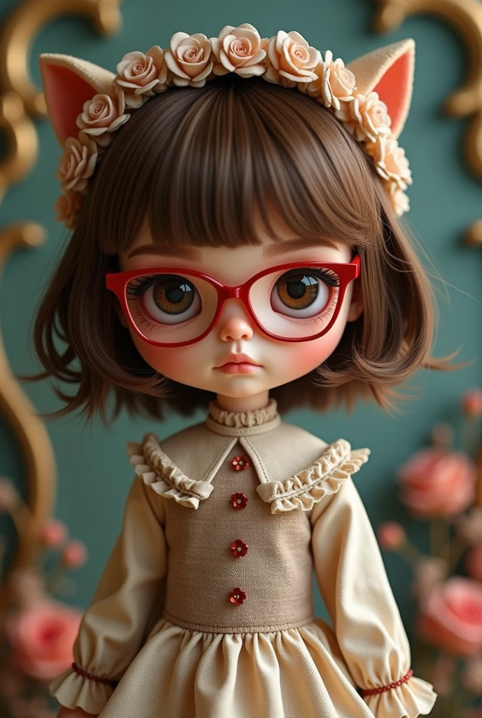 blythe doll with short layered brown hair, side bangs, brown eyes, square red glasses, mejastic
