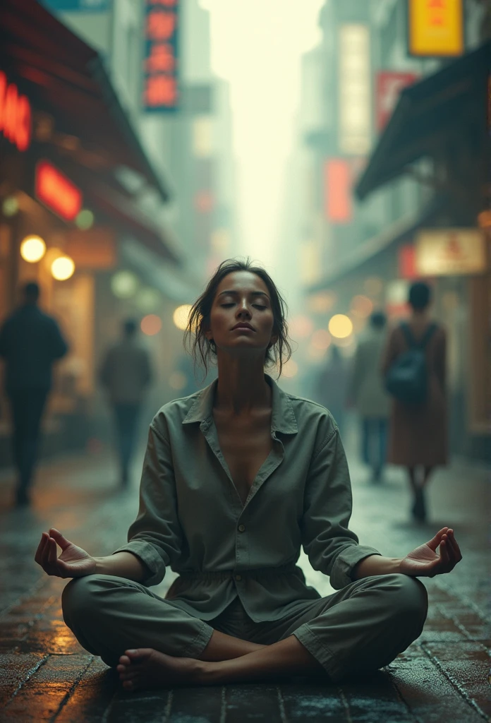 someone meditating or taking a deep breath in the midst of daily chaos