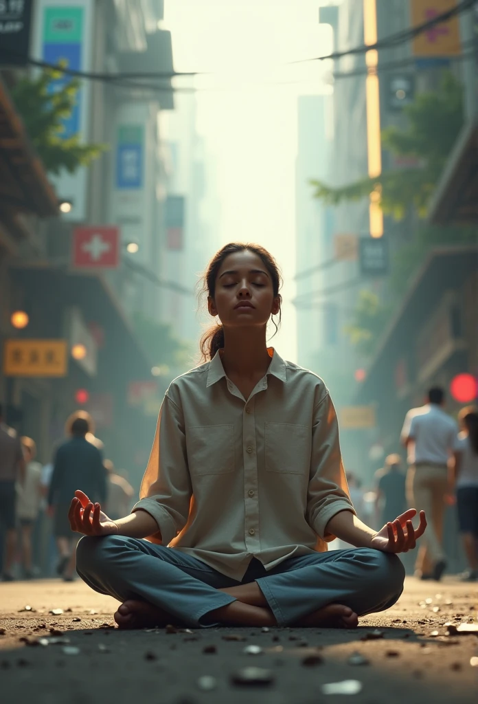 someone meditating or taking a deep breath in the midst of daily chaos