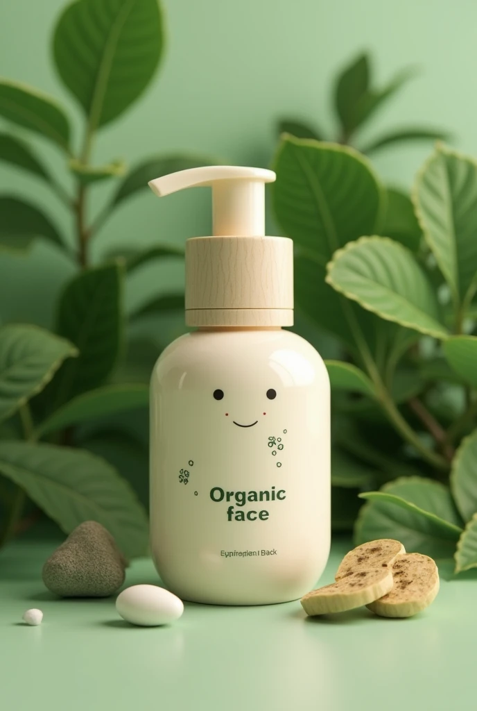 Design organic skincare For the face, small bottle, cute design, simple, minimalist, interesting, related to nature. suitable for modern children In the middle write words of encouragement.