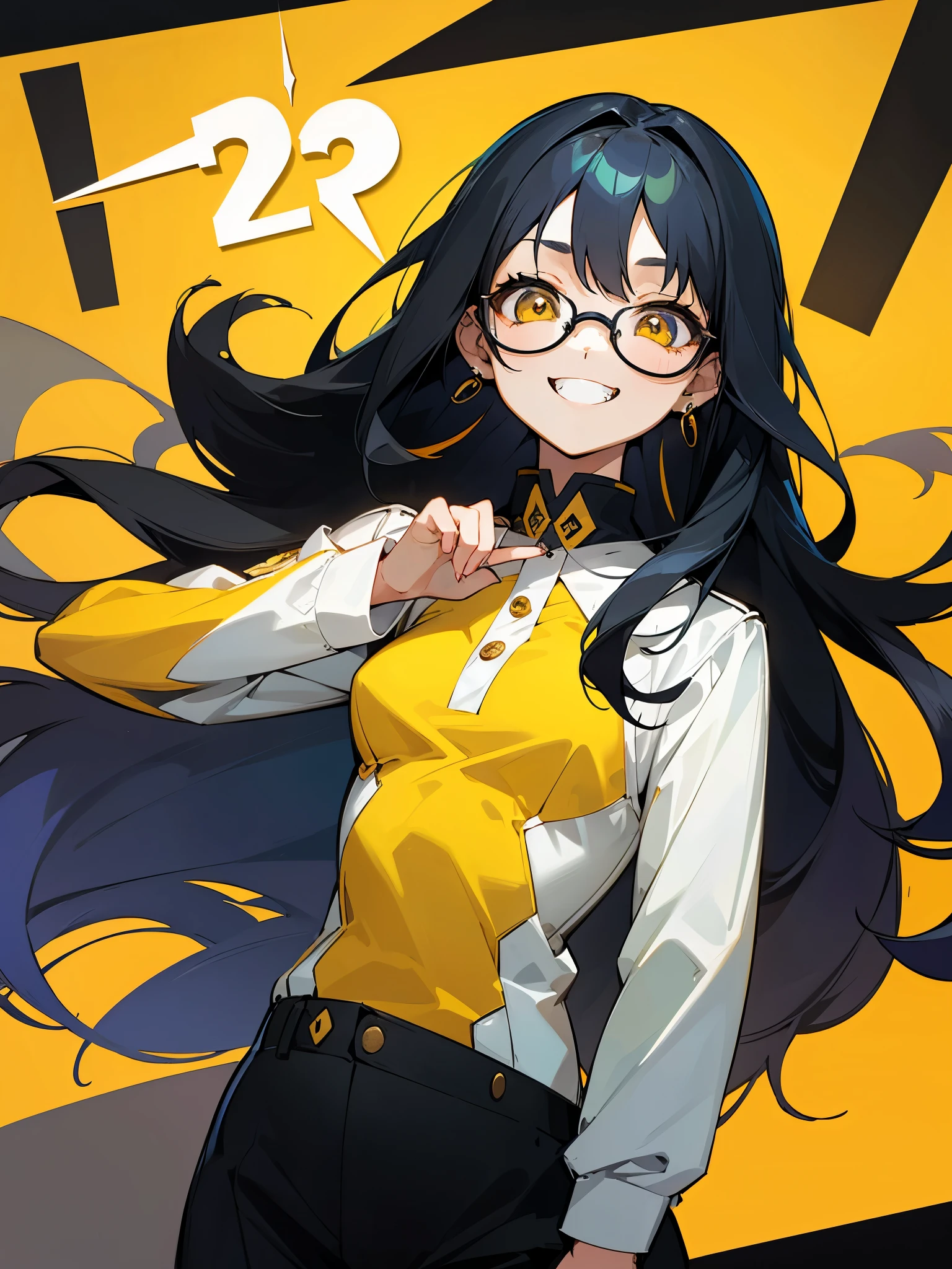 Long Hair、Beautiful girl with black hair and glasses、uniform、Baby Face、Small breasts、Anime Style、cool、Piercing in one ear、Confused eyes、Yellow Eyes、Participating in a quiz competition、Grinning、Double teeth、Quick-press quiz、Press the button