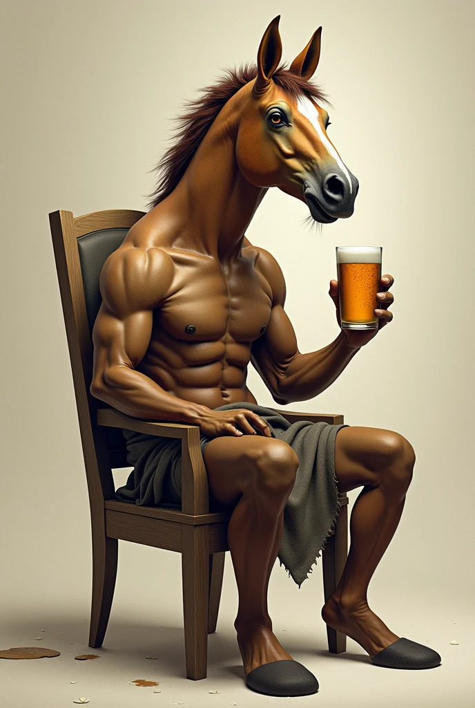 Man with horse head sitting on a chair holding a full beer glass