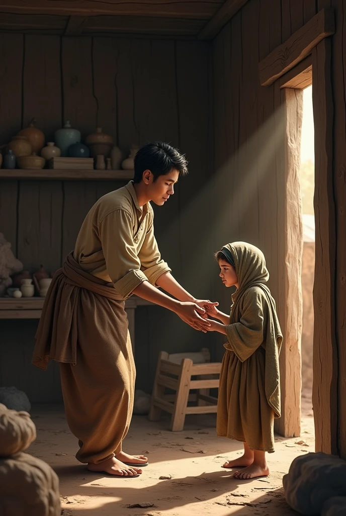An adult boy and a begger girl, in the hut room