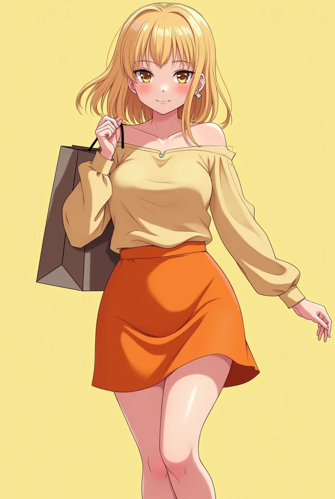 Anime girl She is very feminine, cheerful and loves shopping, she also has very beautiful curves,big breast,she have mid-length blonde straight hair,she have 2 1m66,she have one earring,She has an orange skirt
ENFP 2w3