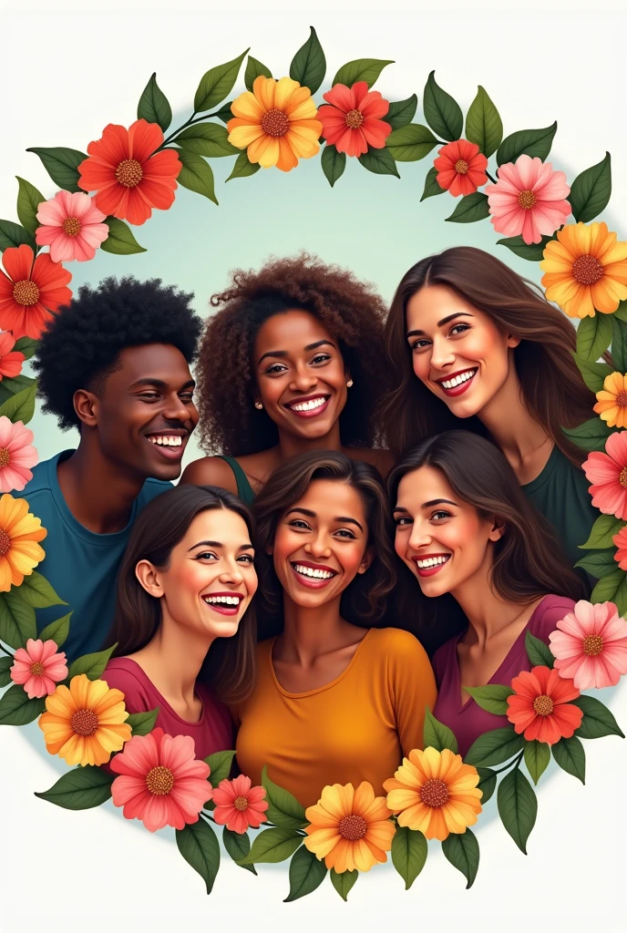 I want a circular image that is with flower borders around the image and the image is about discrimination where it is in different people of ethnic origin plus white people where they are happy and smiling that is realistic