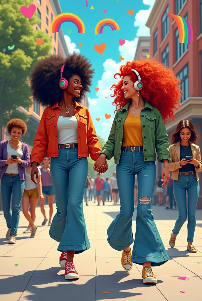 Create an image of a black woman with black power hair and a white woman with red hair in love walking hand in hand listening to music together with headphones with a bright energy like rainbows and hearts on a sidewalk with several distracted people on their cell phones