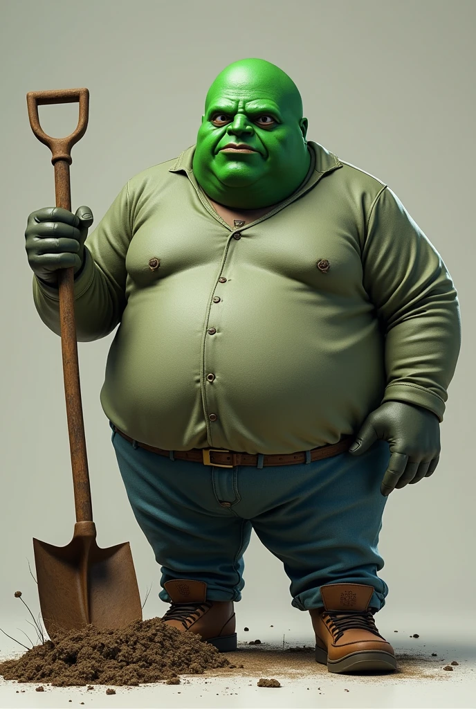A fat man wearing a green mask and holding a shovel