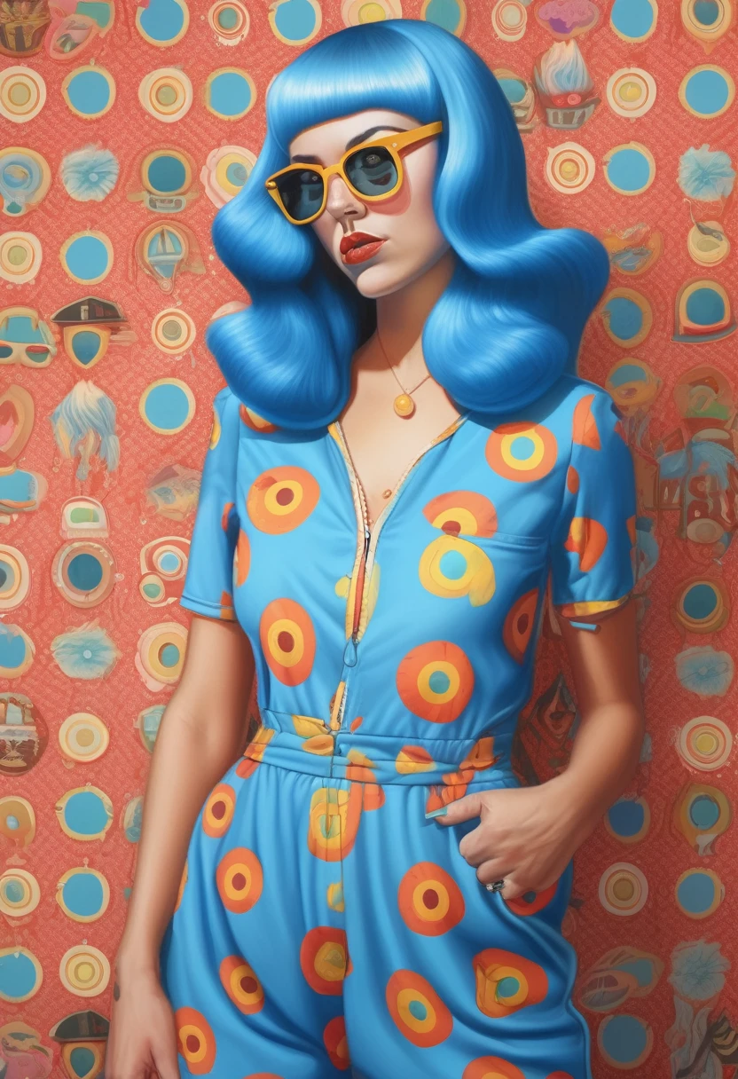 Alex Gross Style - alex gross painting of a blue haired woman wearing a retro 70s romper, retro wallpaper
