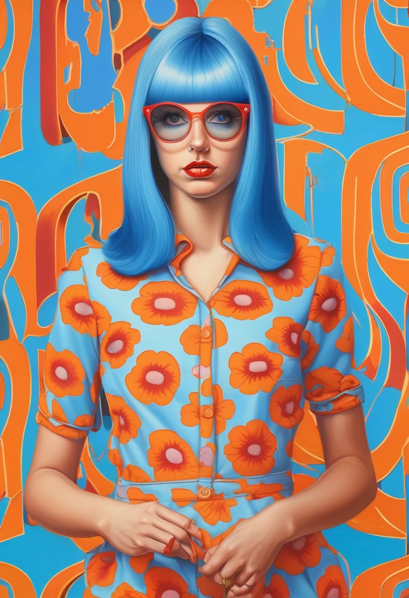 Alex Gross Style - alex gross painting of a blue haired woman wearing a retro 70s romper, retro wallpaper