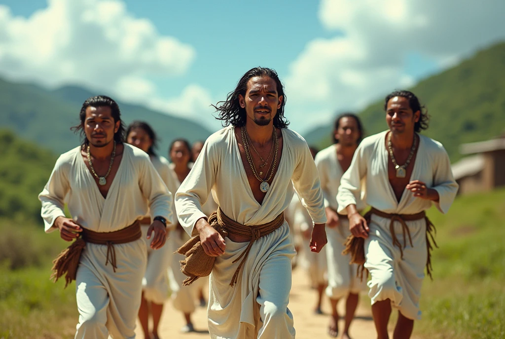 Mexican indigenous tribe, white clothing, in a hurry