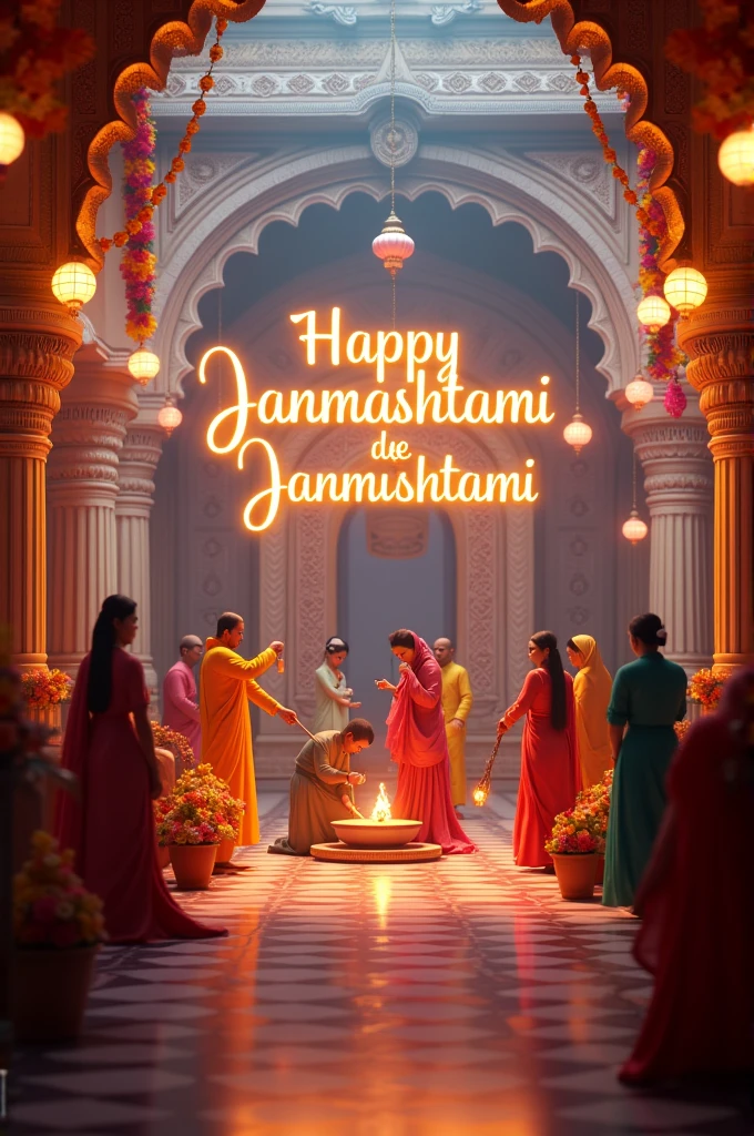 3d cinematic"A festive, vibrant image showing colorful decorations with "Janmashtami" written in elegant text. Background shows an image of a temple decorated with lights, flowers, and traditional Indian patterns. People in traditional attire are seen preparing for a celebration"