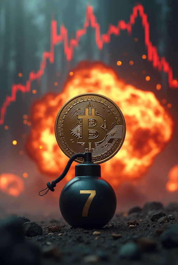 An image of a bomb next to a coin that says "7" and behind them a bullish chart with lots of flashes and epicness. It is a single coin with a "7" that is standing, Also the bomb has the number "7" cut off. THE BOMB AND THE COIN ARE BIG, And they look epic. THE BOMB IS ABOUT TO EXPLODE. The 7 on the coin can be seen and the bomb is round.. Plus they have flashes