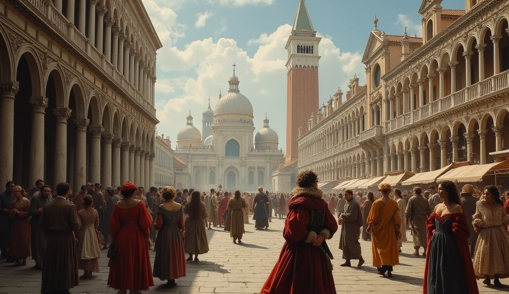 1500 Venice((middle Ages))) in chaos; people looking at the sky; couples kissing in the streets.
