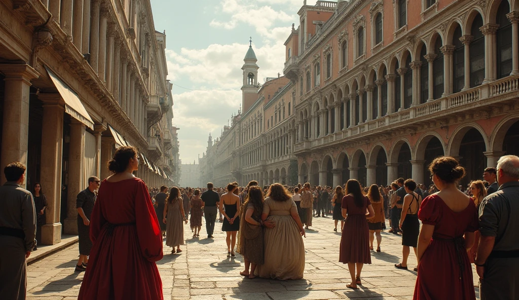 1500 Venice((middle Ages))) in chaos; people looking at the sky; couples kissing in the streets. 