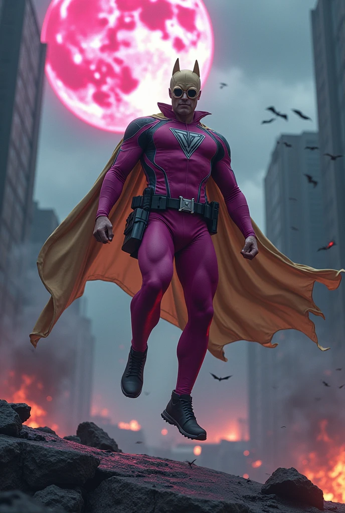 Malaysia man in high-tech suit, vivid effects, malaysian superhero (KELUANG MAN) in a striking pink and beige costume cyberpunk design, mask small mini bat ear beige, daredevil biage mask, jumpsuit dark pink stands confidently in a dramatic.jumping from high place.hero costume. Big triangle logo on the chest. Punisher logo on the chest. Fighting pose , stormy landscape. ((Head covered node guard like batman. Running pose , athletic body type, small mini ear bat mask))The character wears domino mask a helmet with pointed mini torn ears and a flowing cape biege, open nose and mouth. Equipped with visible futuristic weapons on a belt,bullet proof jacket pink dark day.show fingers pose, dark night, big supermoon effect . Small logo on chest triangle shape small punisher logo center triangle cyber logo center on chest pink logo mini logo . rocky. Building top.smoke ground , bomb effect background, losse pants, losses costume.adding to --ar 3:4 --style raw --stylize 500 --v 6.1. chaos. Lot of small flying bat. One leg on the high stone. Man. Jetpack . Real man age 40 year old. One hand holding belt.one hand holding black rope hanging on building