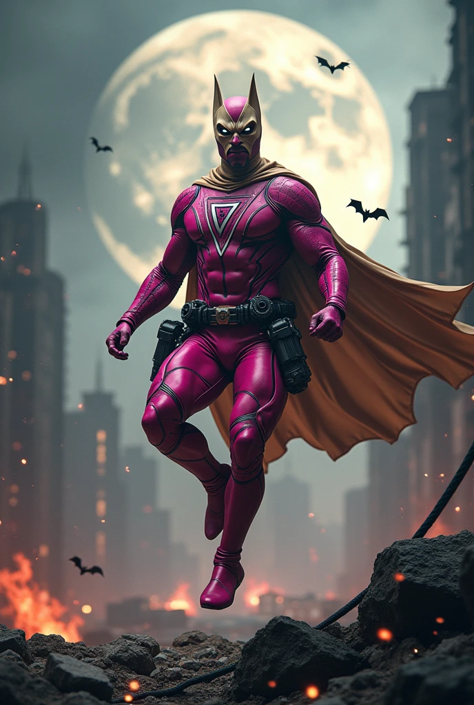Malaysia man in high-tech suit, vivid effects, malaysian superhero (KELUANG MAN) in a striking pink and beige costume cyberpunk design, mask small mini bat ear beige, daredevil biage mask, jumpsuit dark pink stands confidently in a dramatic.jumping from high place.hero costume. Big triangle logo on the chest. Punisher logo on the chest. Fighting pose , stormy landscape. ((Head covered node guard like batman. Running pose , athletic body type, small mini ear bat mask))The character wears domino mask a helmet with pointed mini torn ears and a flowing cape biege, open nose and mouth. Equipped with visible futuristic weapons on a belt,bullet proof jacket pink dark day.show fingers pose, dark night, big supermoon effect . Small logo on chest triangle shape small punisher logo center triangle cyber logo center on chest pink logo mini logo . rocky. Building top.smoke ground , bomb effect background, losse pants, losses costume.adding to --ar 3:4 --style raw --stylize 500 --v 6.1. chaos. Lot of small flying bat. One leg on the high stone. Man. Jetpack . Real man age 40 year old. One hand holding belt.one hand holding black rope hanging on building