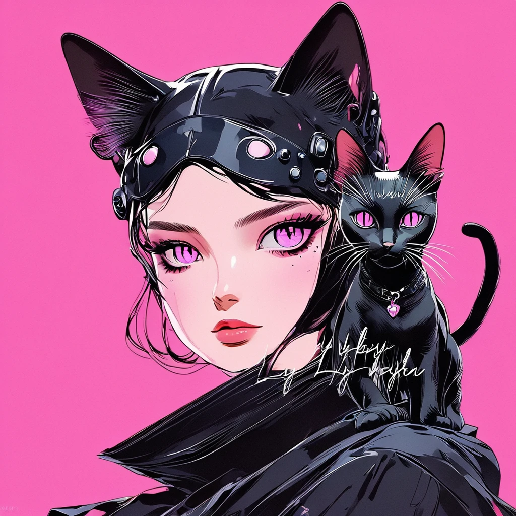 An anime with a black cat on a pink background, Goth Cat Girl Portrait, Catwoman, Anime-style illustrations, アニメスタイル 4K, Anime style portrait, Ilya Kubyshin's stye. 4K, Catwoman, Artem and Ilya Kubyshin, Emo girl and her , Beautiful anime cat girl, Anime Style, Anime Style. 8k