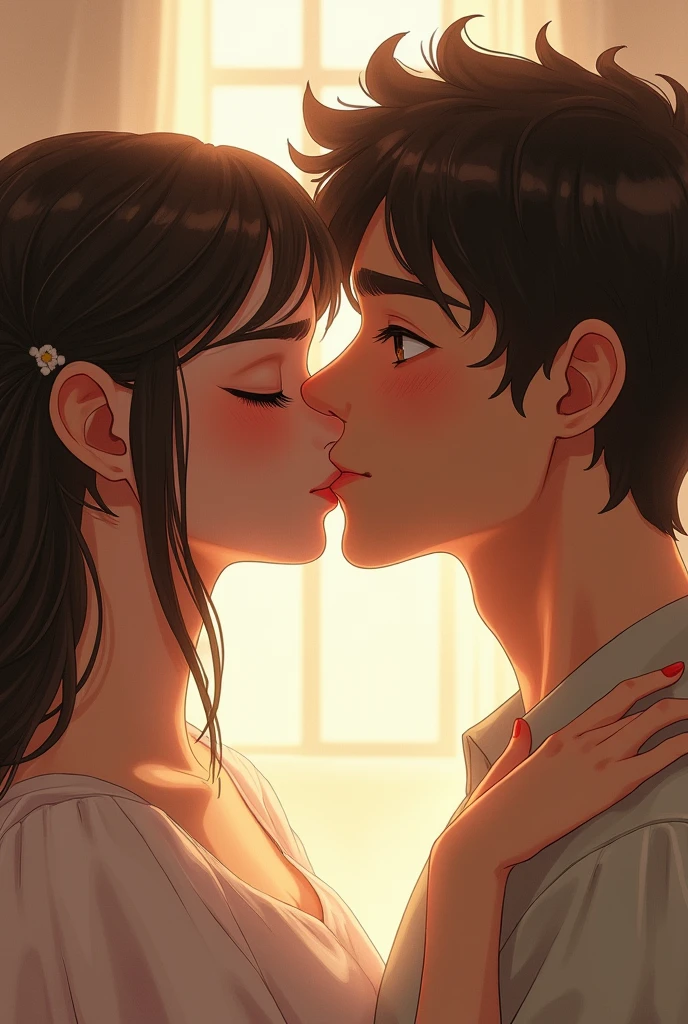 Beautiful girl with pigtails kisses handsome brown-haired guy without beard