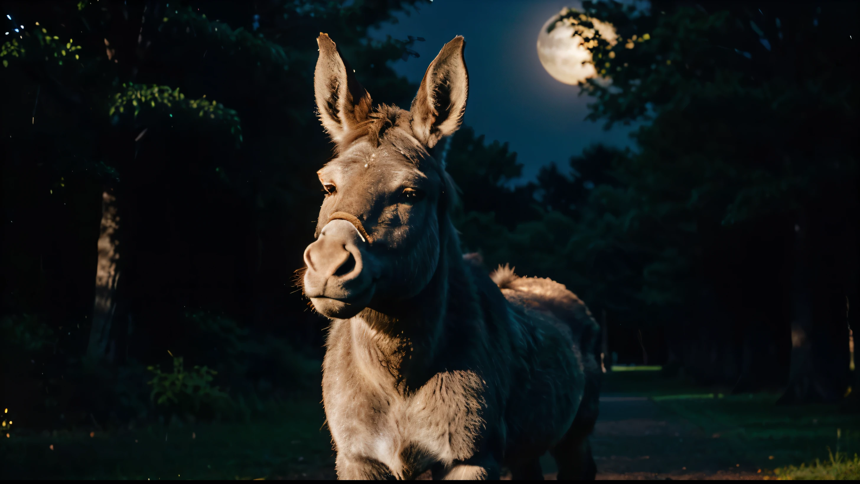 DVD screengrab, from 1967 film, a full body lifelike donkey "Donkey - Shrek's loyal and talkative sidekick" with large expressive eyes stands in a dimly lit park at night. His fur is a soft gray, slightly ruffled, with long ears perked up attentively. The donkey's face bears an almost human-like grin, showing teeth. Moonlight filters through the trees, casting faint shadows across his form. The background is dark with silhouettes of trees and bushes barely visible. A gentle breeze seems to ruffle the donkey's mane. His posture suggests he's mid-conversation, head tilted slightly as if listening or about to speak. The overall style is a DVD screengrab, from 1982 grainy film, low lighting. --ar 1:1