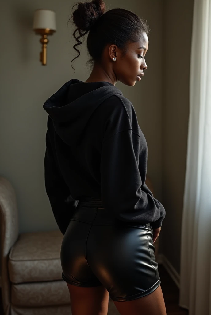 black woman hair in a bun black hoodie black leather short shorts bent over being humped in the butt by the ugly old woman in a dress sexual porn 4k