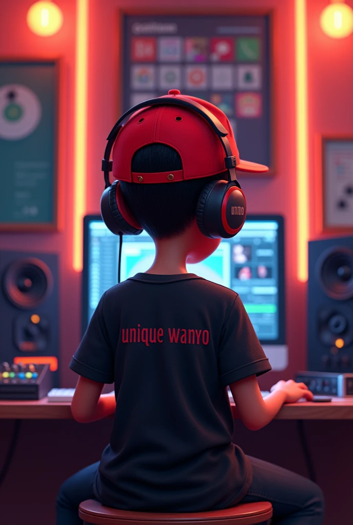 A young teenage 3d cartoon boy sitting down sideways facing his computer in his studio wearing a black shirt with a name written on his shirt written Unique Wanyo and a red heat with a headphone and a scarlet microphone and on his hat with a name written One Street Vibez Music