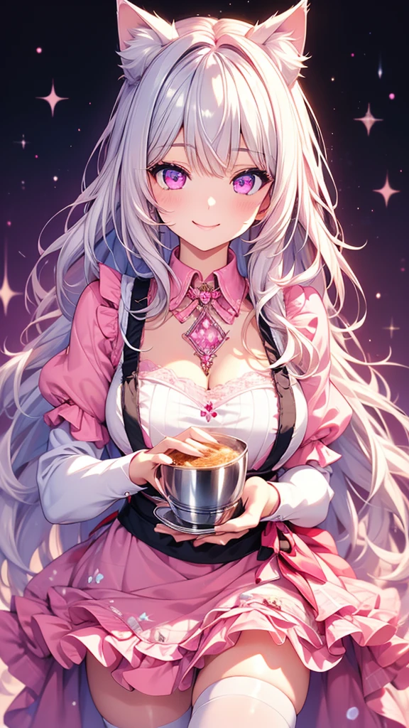 Highly detailed face,Medium chest,pretty girl, bewitching smile,Longing eyes,Cat ear, Beautiful silver hair,Pink inside,Beautiful pink eyes, apron dress