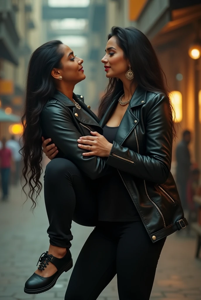 Nora fatehi in black leather jacket lifting and picking up a chubby man in her arms , full view