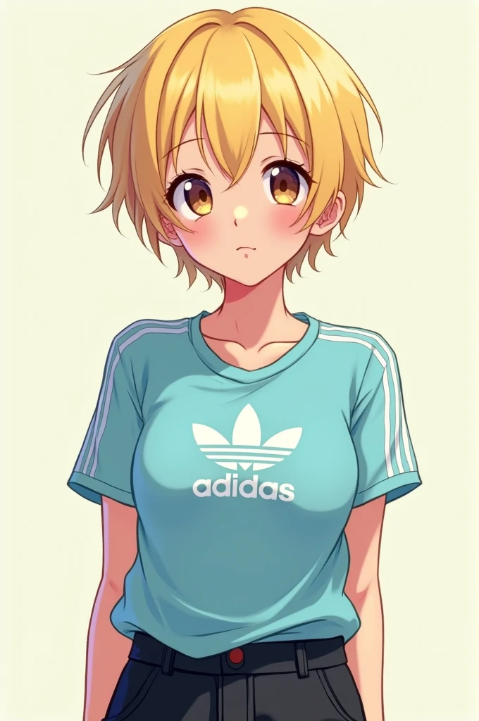 Anime girl with short blonde hair wearing a light blue Adidas t-shirt with black cargo pants