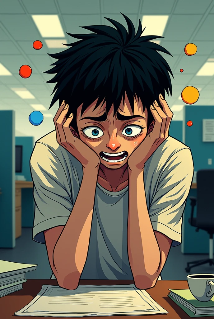 Create a manga style image with colorful highlight dots on the image, In this image I need to portray a dramatic scene of someone who can no longer stand working in underemployment.