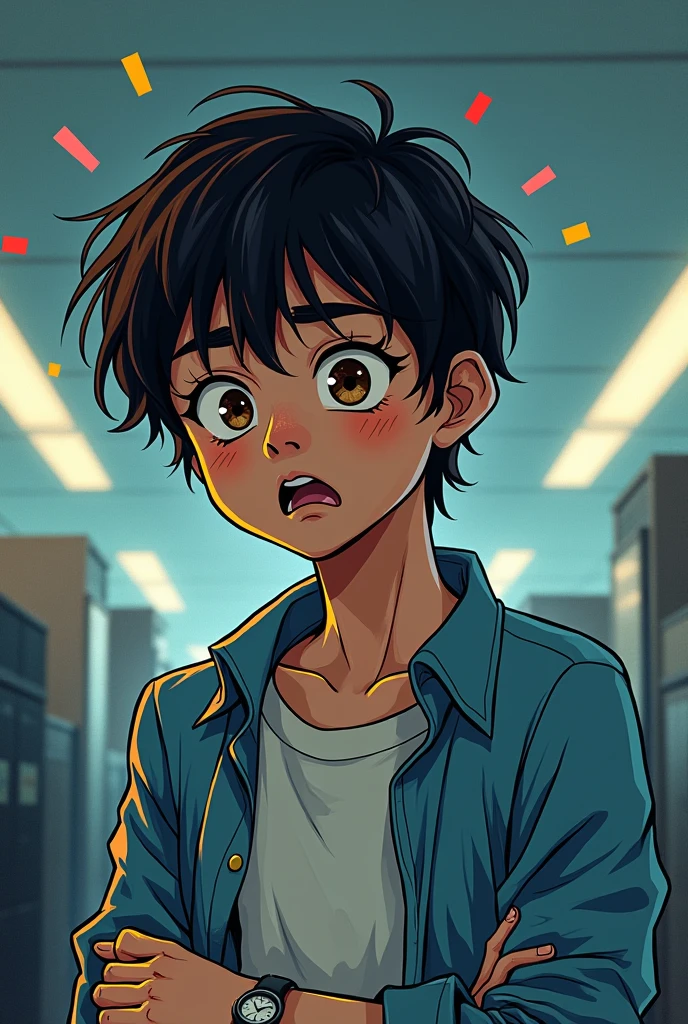 Create a manga style image with colorful highlight dots on the image, In this image I need to portray a dramatic scene of someone who can no longer stand working in underemployment.