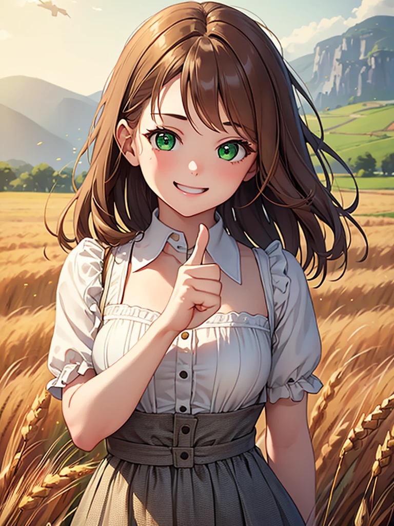 ((Highest quality)), ((masterpiece)), (detailed)、A girl with brown hair and green eyes is showing her thumbs up confidently々laughing at、The background is a wheat field、Small breasts、Five Fingers