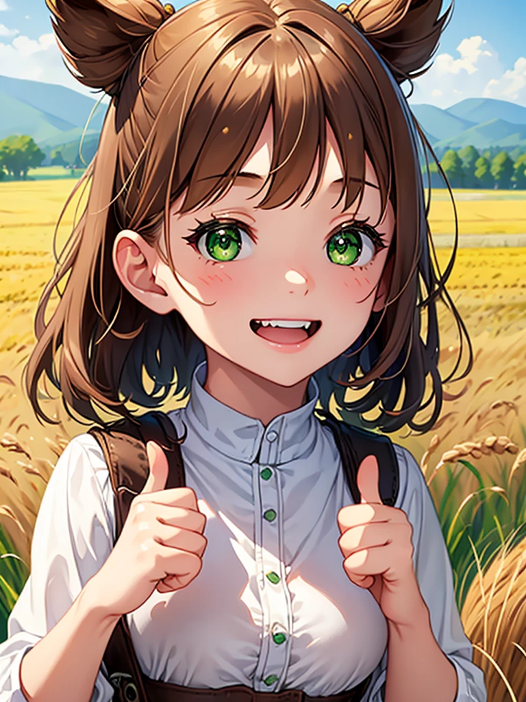 ((Highest quality)), ((masterpiece)), (detailed)、A girl with brown hair and green eyes is showing her thumbs up confidently々laughing at、The background is a wheat field、Small breasts、Five Fingers