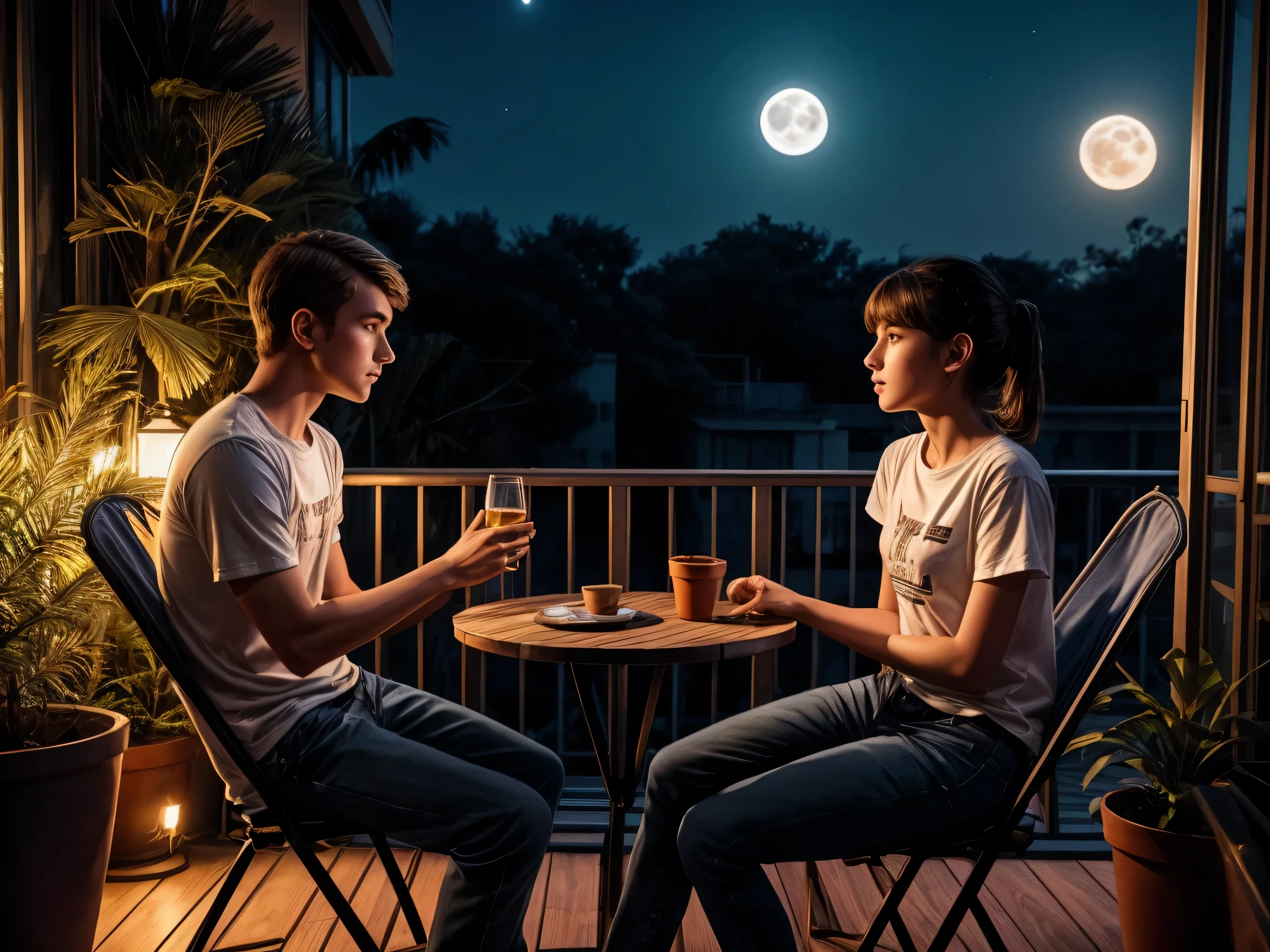 night shot, moon light, 1boy 1 girl, wearing t shirt and jeans, sitting in foldable chairs, in a balcony. dual coloured sky, moon, wes anderson style, far shot, potted plants in balcony, forest silhoutte in background
