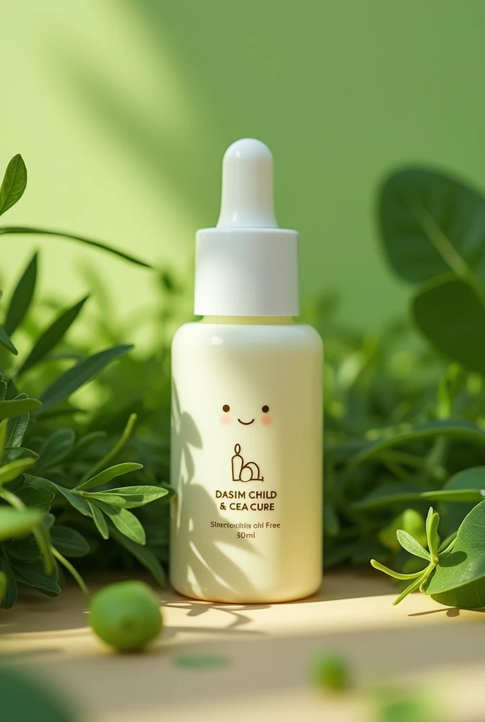 Design organic skincare For the face, small bottle, cute design, simple, minimalist, interesting, related to nature. suitable for modern children In the middle write words of encouragement.