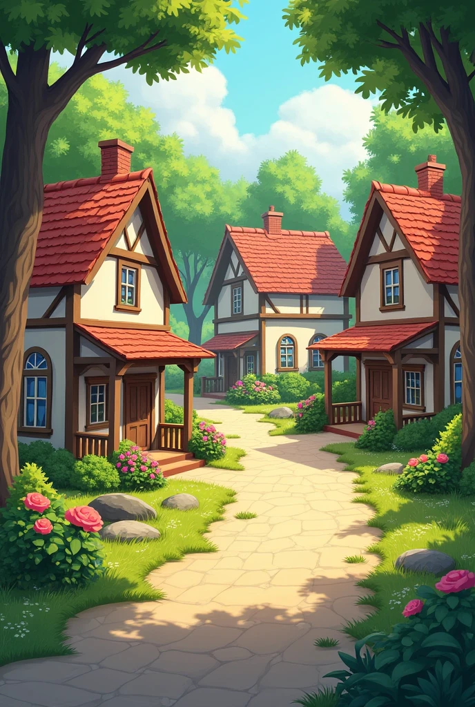 A quaint, small-town setting with cozy houses and trees.