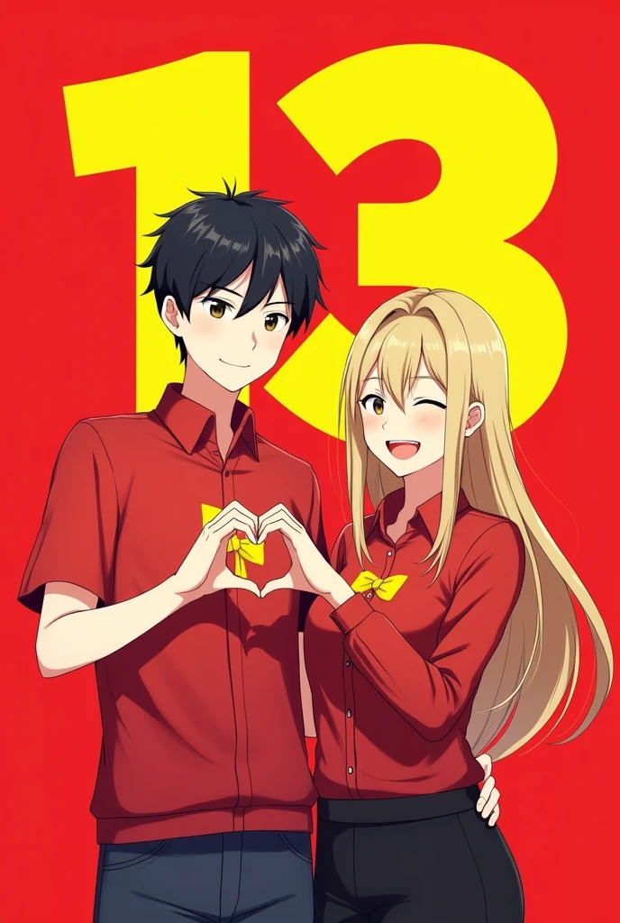 Create a mascot for WhatsApp profile pictures that will symbolize an I.In the colors red and yellow called 13zinho that symbolizes a person, a candidate for mayor. The image has to represent 2 young people, be it a man with short hair and a young blonde woman, with 13 behind the image, the blouse is red and the image behind the 13 is also red. Have 13 on the blouse and 13 behind it, so it is more visible, and join your hands and make the heart symbol.