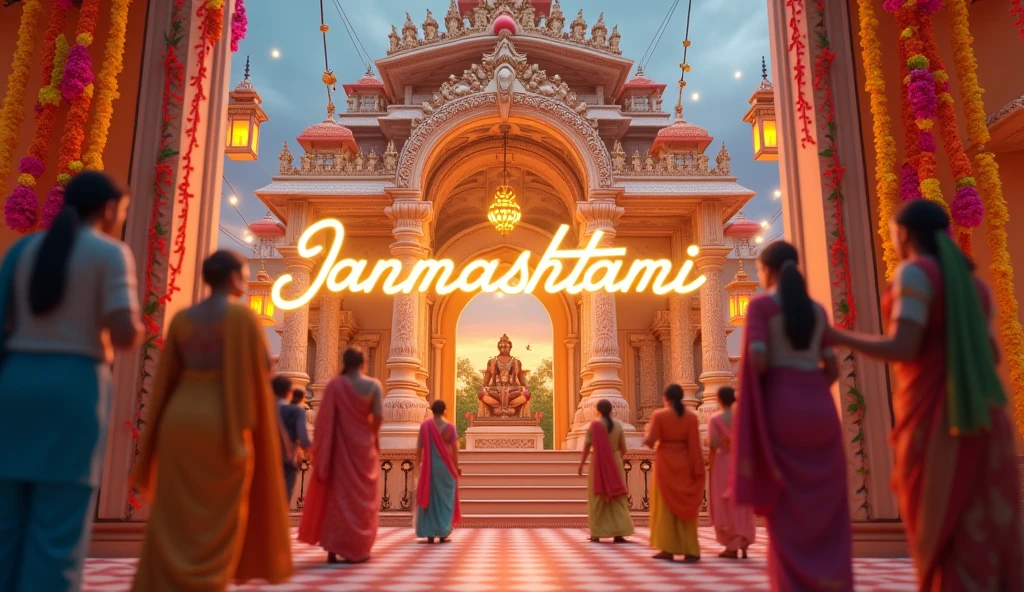 3d cinematic"A festive, vibrant image showing colorful decorations with "Janmashtami" written in elegant text. Background shows an image of a temple decorated with lights, flowers, and traditional Indian patterns. People in traditional attire are seen preparing for a celebration"