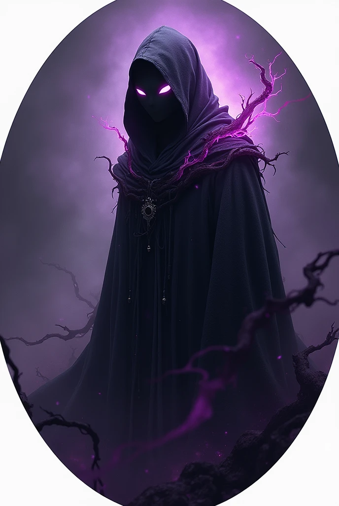 Create a circular RPG token for a void character with no background. The character should have a dark, enigmatic design with shadowy, ethereal features. Use deep purple and black tones to highlight their connection to the void. The character's eyes should glow with an eerie light, and dark energy wisps should subtly emanate from them to emphasize their mysterious power. Ensure the token's edges are clean and crisp, suitable for overlaying on various backgrounds
