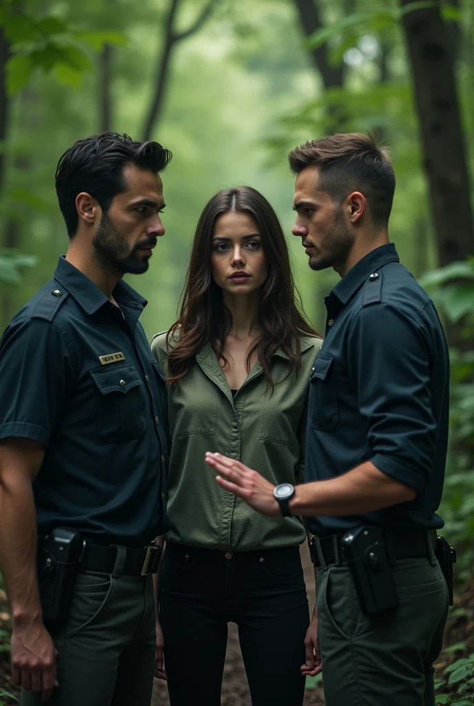A girl between two men, one with short black hair and the other with short brown hair, officer, forest, seeing each other