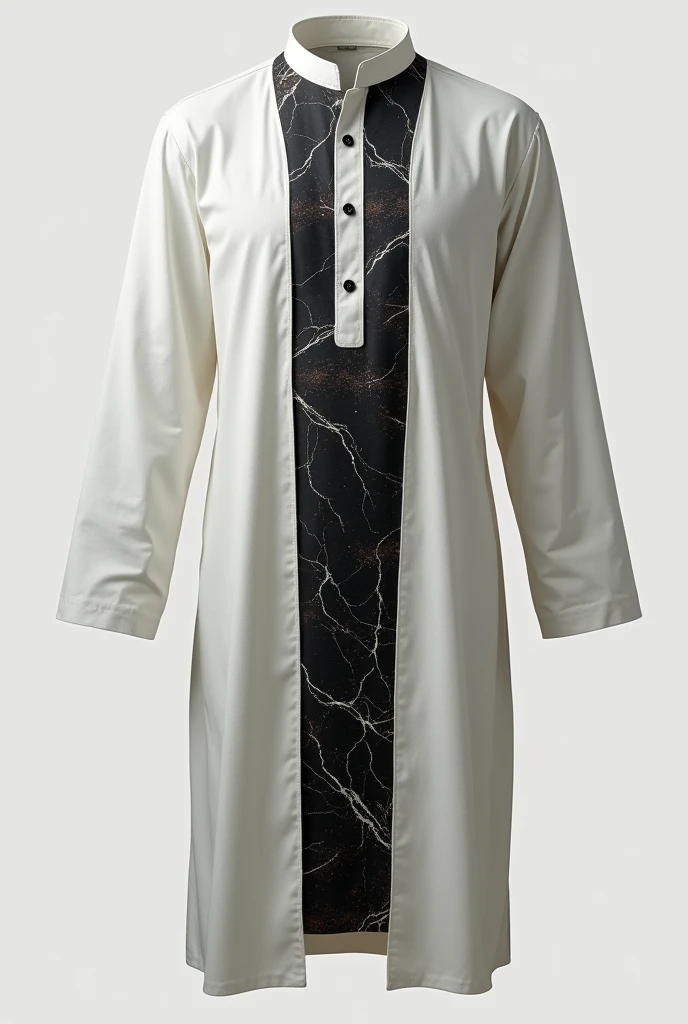 an Indian Muslim kurta, which reaches to the knees, no model or man in the image, just the kurta, the collar must be thin and discreet, white collar, the collar button must be black, the kurta has a black marbled color in the center, and the sides as well as the sleeves are white in color 