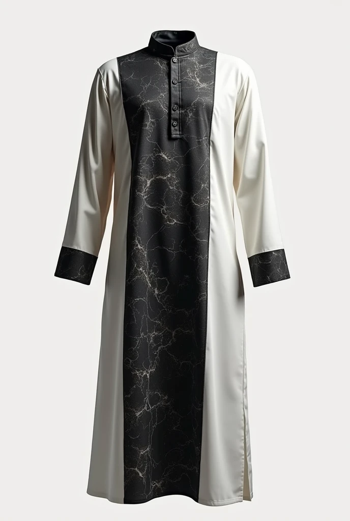 an Indian Muslim kurta, which reaches to the knees, no model or man in the image, just the kurta, the collar must be thin and discreet, white collar, the collar button must be black, the kurta has a black marbled color in the center, and the sides as well as the sleeves are white in color