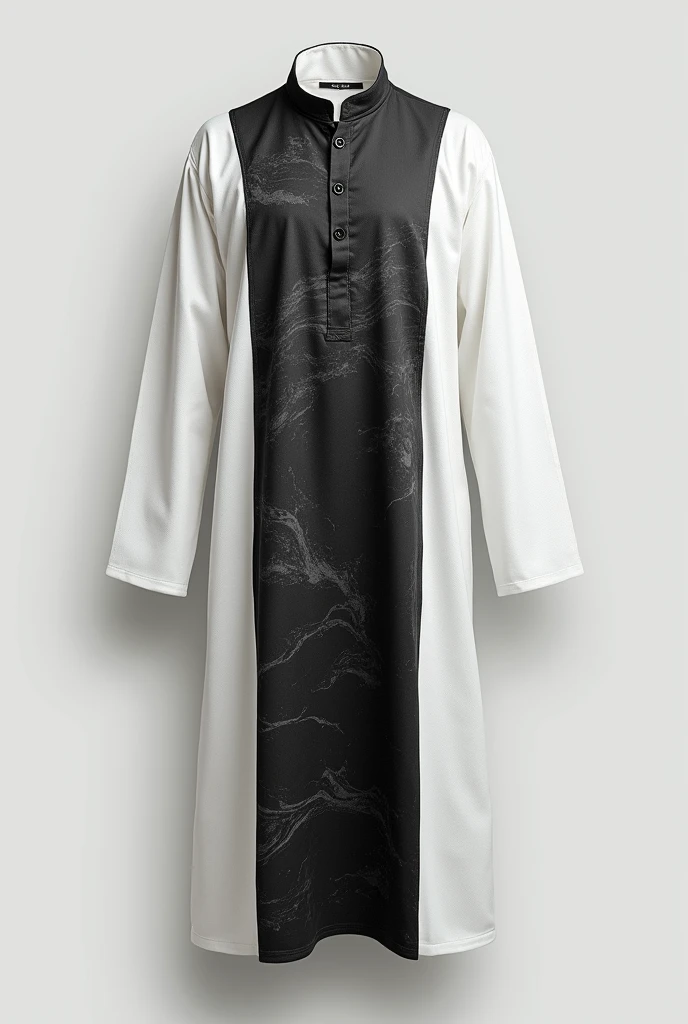 an Indian Muslim kurta, which reaches to the knees, no model or man in the image, just the kurta, the collar must be thin and discreet, white collar, the collar button must be black, the kurta has a black marbled color in the center, and the sides as well as the sleeves are white in color 