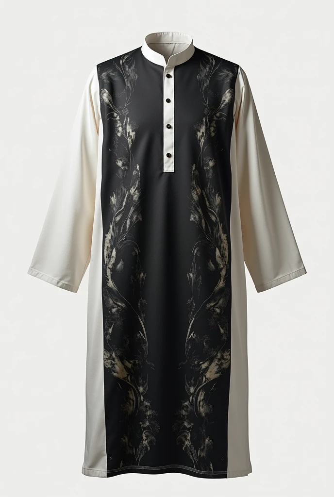 an Indian Muslim kurta, which reaches to the knees, no model or man in the image, just the kurta, the collar must be thin and discreet, white collar, the collar button must be black, the kurta has a black marbled color in the center, and the sides as well as the sleeves are white in color