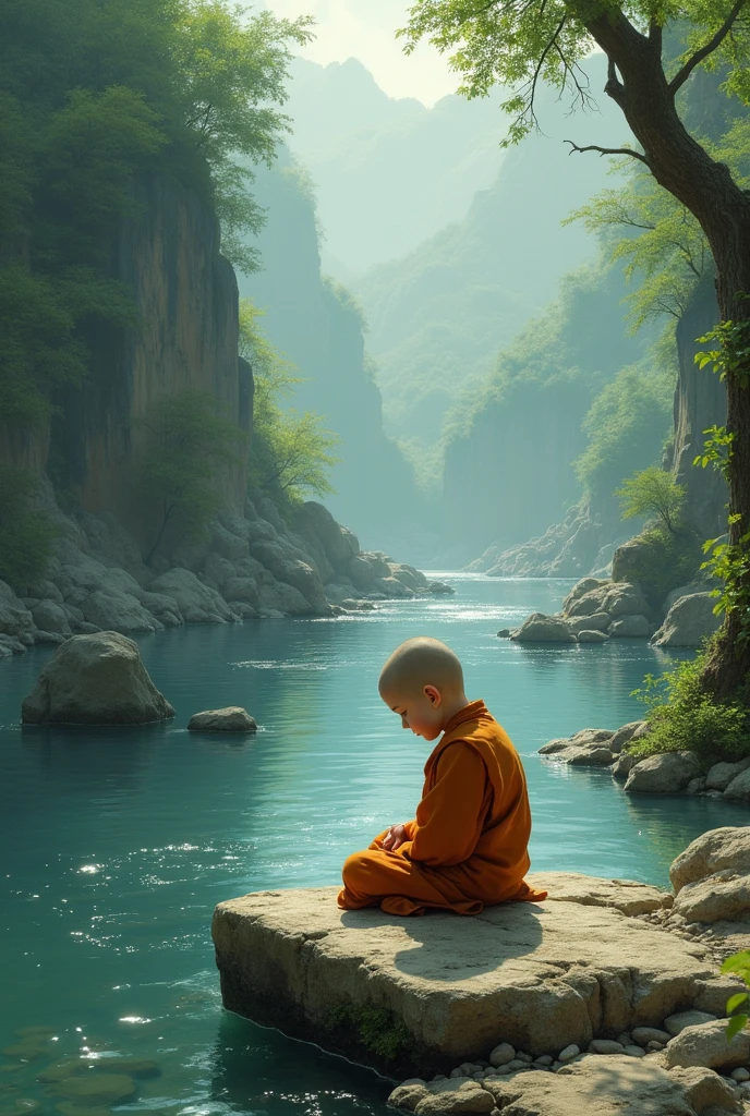 Sad little baby monk sitting in stone beside river alone