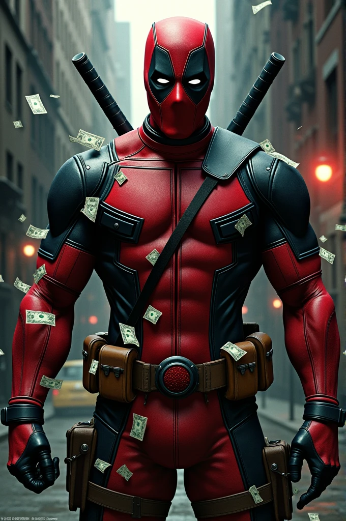 Deadpool with money on his back and smoking like the godfather
